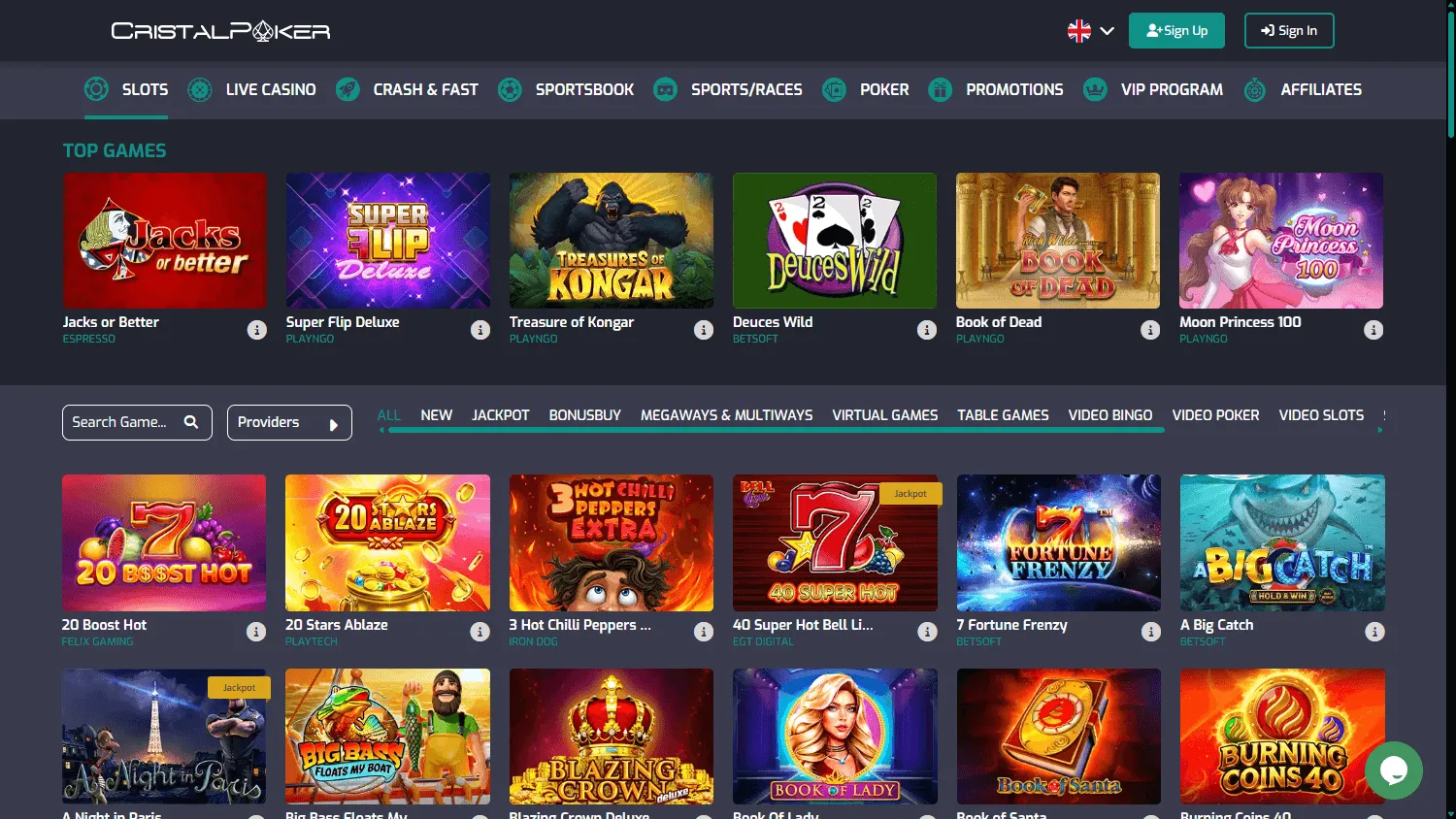 Cristal Poker Casino desktop games screen