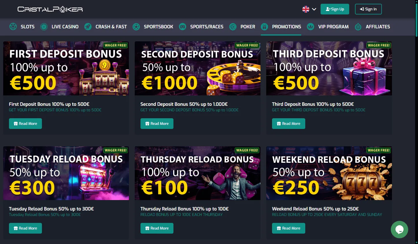 Cristal Poker Casino desktop promotions screen